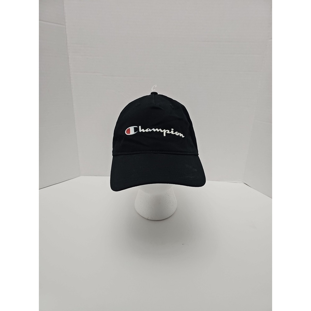 Champion Hat Cap Strap Back Adjustable‎ Spellout Script Logo Baseball Hat Black